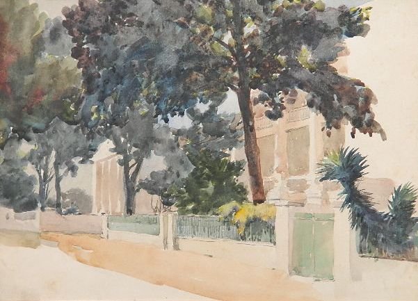 Henry G. Keller watercolor: Henry G. Keller- Untitled (Street Scene)- watercolor on paper, some spots of foxing and staining in image. 8 1/2 x 11 5/8''