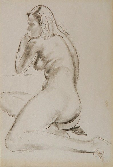 Henry G. Keller charcoal on paper: Henry G. Keller- Seated Nude- charcoal on paper, signed H. Keller in pencil, stamped verso L. E. Prasse Collection 'PB', numbered 926 in pencil, very good condition. 16 x 12''