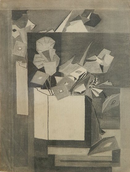 Beni Kosh charcoal on paper: Beni Kosh- Abstracted Still-Life- charcoal on paper, estate stamped and numbered 845 on verso, some smudging. 25 x 19''