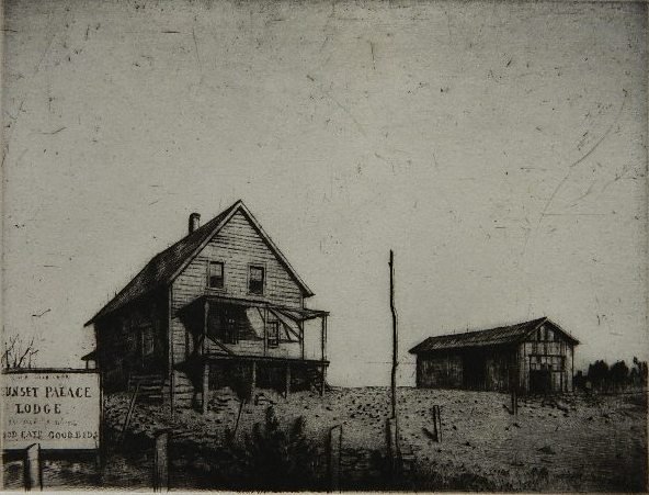 Armin Landeck drypoint: Armin Landeck- ''Sunset Palace lodge'' (Kraeft 69)- drypoint, 1938, signed, dated and annotated 'Ed. 100' in pencil together with an unsigned proof. 6 x 7 3/4''