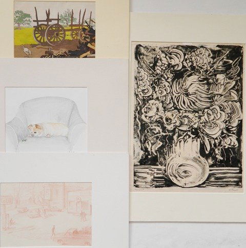 Lawrence; Martin; Cargill - 4 works on paper: Edna Lawrence- Mobil Station- pencil on paper; Barnyard- watercolor on paper, signed; together with Edna Martin- A Dog on Chair- watercolor on paper; and L. Cargill- ''Vase of Flowers''- monoprint, ti