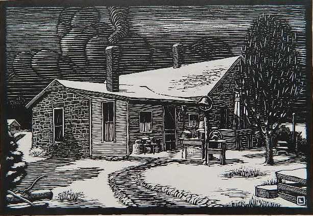Herschel Logan linocut: Herschel Logan- ''Barker Homestead''- linocut, signed and titled in pencil. 6 x 8 7/8''