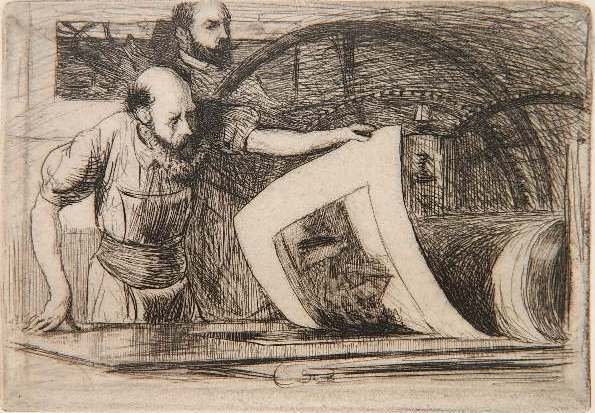 Robert Macbeth etching: Robert Macbeth- ''The Artist supervising the Pulling a Proof from the press with the printer Frederick Goulding, ca. 1897, etched as an exhibition invitation. 3 3/8 x 4 3/4''