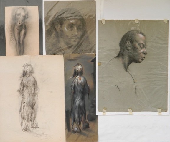 Louise Marianetti 5 drawings: Louise Marianetti- Portraits, Figure studies- 4 charcoal on paper (2 with highlights), 1 conte crayon on paper, 4 signed, 1 stamped signature, various sizes.