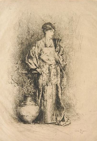 Leon Moran etching: Leon Moran- Japanese Girl- etching, signed in pencil. 11 3/4 x 8''