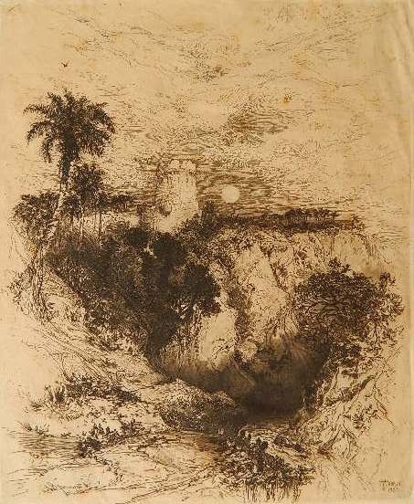 Thomas Moran etching: Thomas Moran- ''Cortes Tower''- etching, 1883. 11 1/2 x 9 3/8''