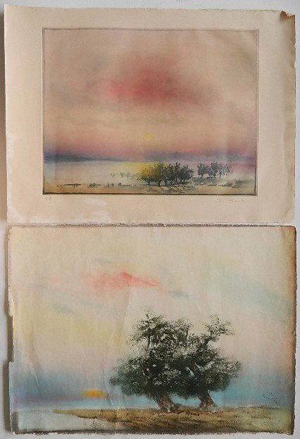 Kaiko Moti 2 lithographs in colors: Kaiko Moti- Untitled- 2 lithographs in colors, both signed in pencil, fair condition, staining, tears and creases throughout, various sizes.