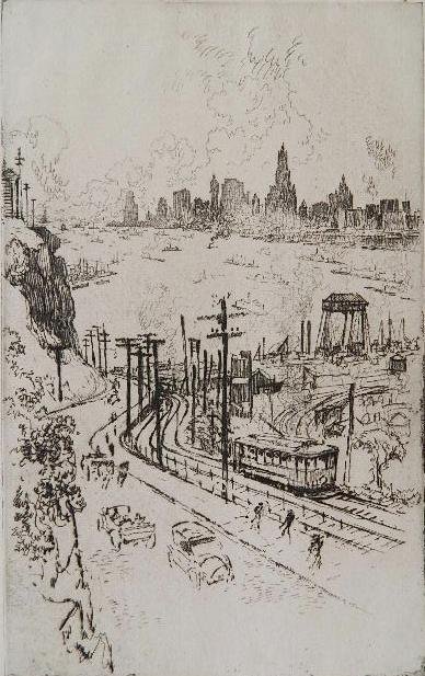 Joseph Pennell etching: Joseph Pennell- ''New York from New Jersey'' (Wuerth 677)- etching, 1915, signed in pencil. 11 3/4 x 7 1/4''