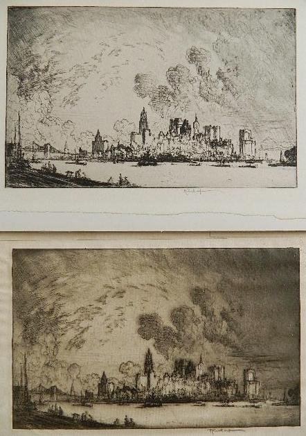 Joseph Pennell 2 etchings: Joseph Pennell- ''New York From Brooklyn'' (Wuerth 671)- 2 etchings, both signed in pencil, laid down. 7 3/8 x 12 7/8'' ea.