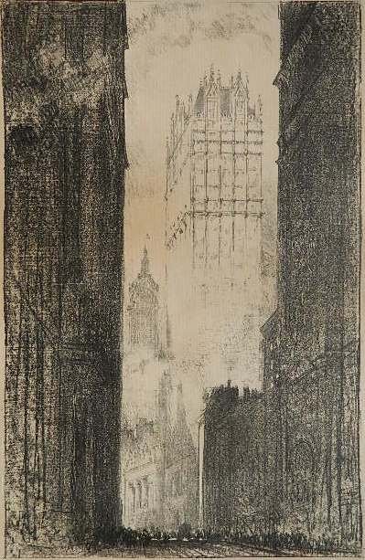 Joseph Pennell lithograph: Joseph Pennell- ''Liberty Tower'' (Wuerth 185)- lithograph, 1910, signed in pencil, slightly light struck, tear in image. 9 3/4 x 5''