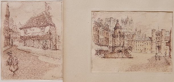 William Rau 2 graphite drawings: William Rau- Square at Wells, England; Old Curiosity Shop- 2 graphite on paper, both signed, fair condition. 6 3/8 x 8 1/4''; 8 3/8 x 6 1/2''