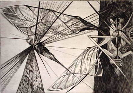 Walter Rogalski engraving: Walter Rogalski- ''Locust''- engraving, 1954, signed in pencil, edition of 250 plus 10, The Print Club of Cleveland publication no. 32, Print Club stamp in black verso (Lugt 2049b), very good conditio