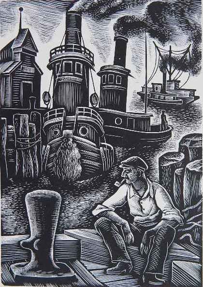 Isaac Sanger wood engraving: Isaac Sanger- Tugboats- wood engraving, signed and annotated 'Edition 50' in pencil, very good condition. 6 7/8 x 4 7/8''