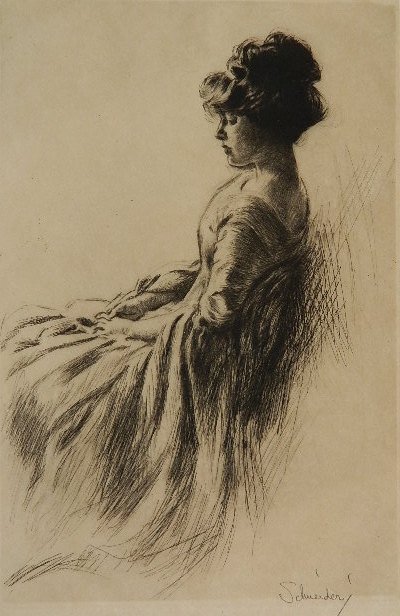 Otto Schneider etching: Otto Schneider- Portrait of A Lady- etching, signed in pencil. 10 1/4 x 6 3/4''