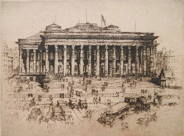 Anton Schutz etching: Anton Schutz- La Bourse, Paris- etching, signed in pencil, annotated '3rd state', tears to edge, not affecting image, crease lower left corner. 8 7/8 x 11 7/8'', 11 1/8 x 16 1/2'' (sheet)