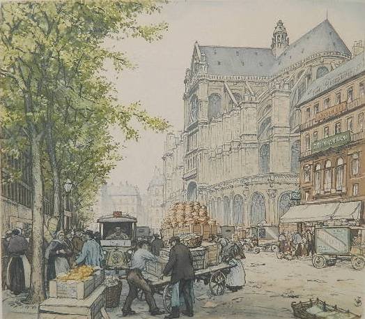 Tavik F. Simon etching: Tavik F. Simon- Untitled (Street Scene)- etching in colors, signed in pencil, appears to have mat burn. 13 x 15''