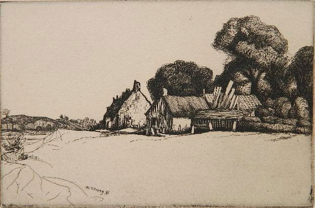William Strang etching: William Strang- Untitled (Houses in a Field)- etching, 1897, signed in pencil, good condition. 5 7/8 x 9''