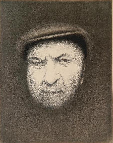 Herman Struck graphite and charcoal: Herman Struck- Portrait of a Peasant Worker- graphite and charcoal on paper, paper age toned, paper remnants and minor soiling verso. 11 x 8 1/2''
