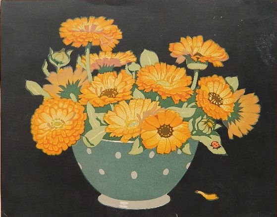 Hall Thorpe woodcut in colors: Hall Thorpe- Flowers in A Vase- woodcut in colors, margins trimmed, partial signature visible, several pin holes in image. as is. 9 x 11''