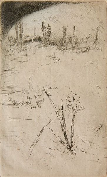 James A. M. Whistler etching: James A. M. Whistler- ''Swan and Iris'' (Kennedy 241)- etching, etched from a painting by Cecil Lawson and published in Cecil Lawson, A Memoir by E. W. Gosse. .