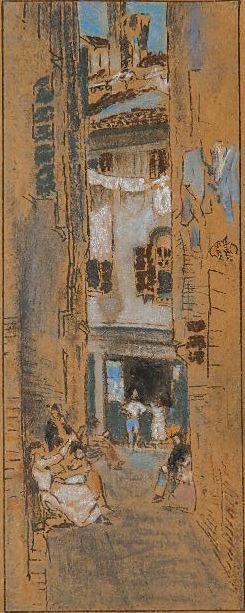 James A. M. Whistler lithograph: James A. M. Whistler- Street Scene- lithograph in colors, as published in 'The Studio', laid down, light struck. 8 1/2 x 3 5/16''