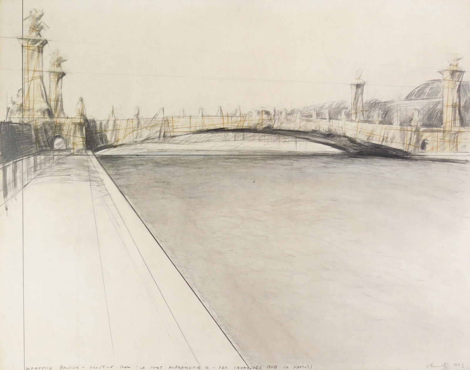 Christo (Bulgarin/ American, 1935-2020) drawing: Wrapped Bridge Project for Le Pont Alexandre III- Des Invalides 1900 in Paris) pencil and colored pencil on paper, 1973, signed, titled and dated in pencil. 22 x 28" Provenance: Private col