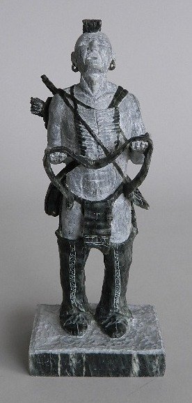 David Maracle sculpture: David Maracle (Canadian 19/20th c.)- native American Indian Warrior- carved stone sculpture, incised Maracle on base, minor surface scratches. 12''h