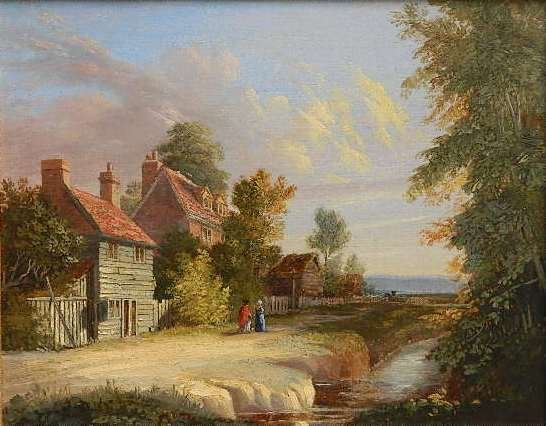 James Arthur O'Connor oil: James Arthur O'Connor (British 1792-1841)- Suffolk Landscape with Buildings- oil on canvas. 8 x 10''