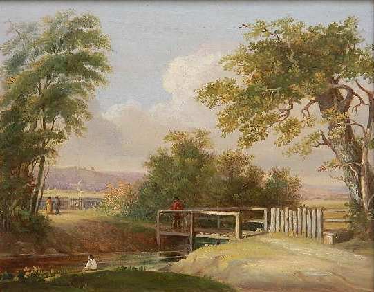 James Arthur O'Connor oil: James Arthur O'Connor (British 1792-1841)- Suffolk Landscape with Bridge- oil on canvas. 8 x 10''