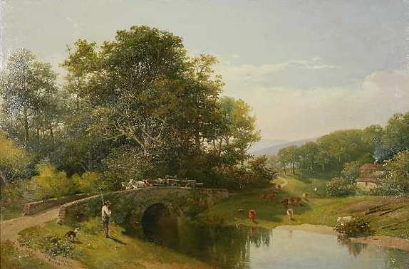 Walter Heath Williams oil: Walter Heath Williams (British 1835-1906)- ''Oakford Bridge on the Creedy''- oil on canvas (relined), 1896, signed W. Williams/ Plymouth 1896 lower left. 20 x 30''
