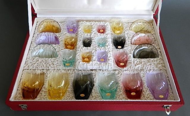 Moser glass set: Moser glass beverage set, 4 pc. setting for 6, 24 pcs. total, multi-colored glass, includes water, liquor, shot glasses and 1 saucer, in original presentation box.