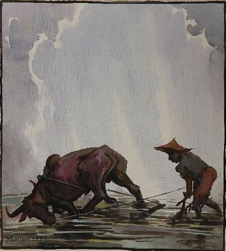 Yong Mun Sen watercolor: Yong Mun Sen (Malaysian 1896-1962)- ''Old Customs- See Them in Malaya''- watercolor on paper, 1947, signed Mun Sen 1947 lower left, original design for a poster, bottom edge is folded under. 22 x 19 1