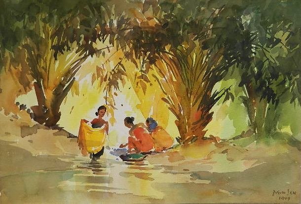 Yong Mun Sen watercolor: Yong Mun Sen (Malaysian 1896-1962)- Women Washing Clothes in Lake- watercolor on illustration board, 1947, signed Mun Sen 1947 lower left. 15 x 22 1/2''
