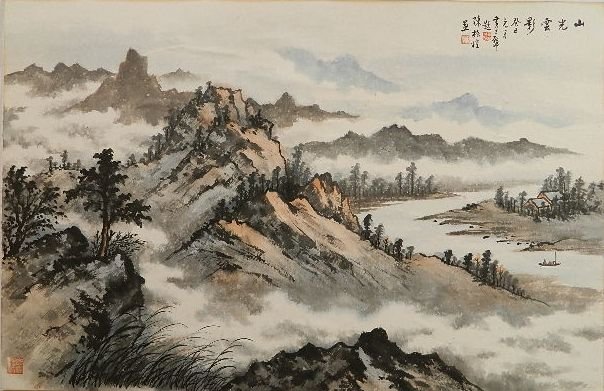 20th c. Taiwanese School watercolor: 20th c. Taiwanese School- Mountain Stream- watercolor on paper. 24 x 36'' together with an oil on paper of Mount Fuji, as is 17 x 48 1/4''