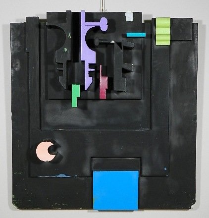 Don Drumm mixed media construction: Don Drumm (American 1925- )- Untitled (Abstract)- mixed media construction, 1968, signed Don Drumm '68 verso, as is. 51 x 48 x 6 3/4''