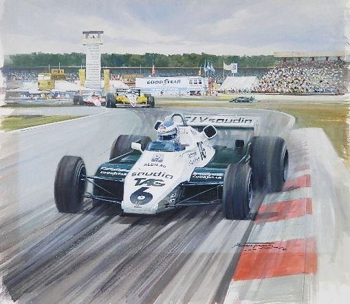 Michael Turner acrylic: Michael Turner (American 20th c.)- ''Formula I Grand Prix''- acrylic on illustration board, 1982, signed Michael Turner 82 lower right. 14 1/2 x 18 1/2''This depicts Keijo Erik 'Keke' Rosberg, the win