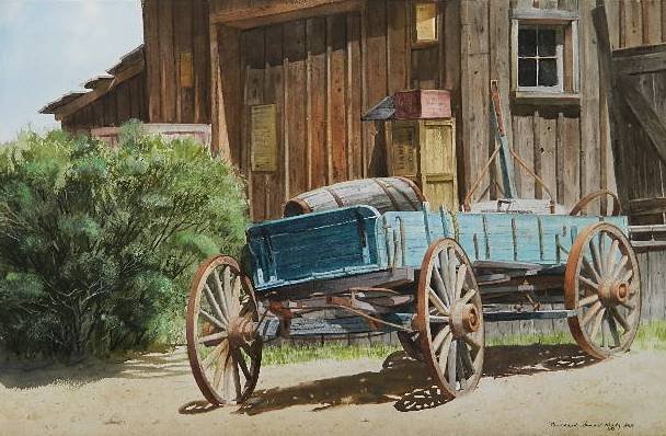 Mildred Sands Kratz watercolor: Mildred Sands Kratz (American 20th c.)- ''Freight Hauler''- watercolor on paper, 1982,s signed Mildred Sands Kratz AWS 1982 lower right. 13 1/2 x 21''