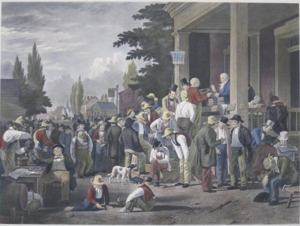 after George Caleb Bingham engraving: after George Caleb Bingham- ''The County Election''- engraving with hand-coloring, 1854, engraved by John Sartain. 24 3/8 x 31 7/16''