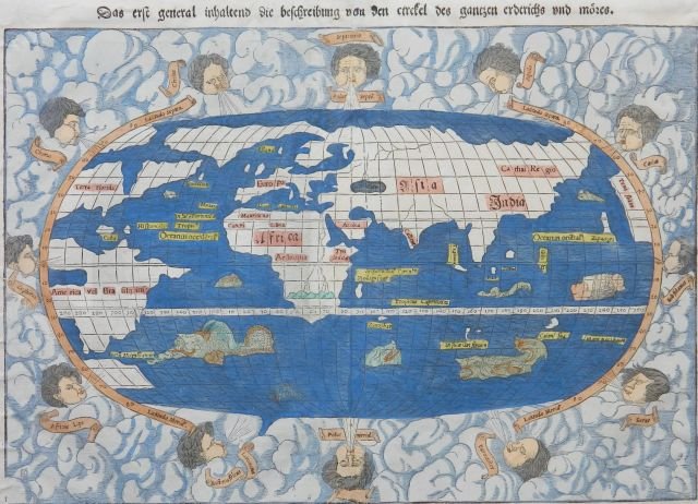 Sebastien Munster world map: Cartographer: Sebastian Munster Title: Das Erst General Inhaltend die Beschreibung und den Circkel des Gantzen Erdtrichs und Mores Subject: World Published: Basel Date: c. 1550 Description: Munster's 