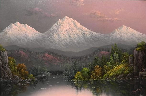 Eliza Barchus oil: Eliza Barchus (American 1857-1959)- ''Three Sisters, Oregon''- oil on canvas (relined), signed Barchus lower right. Provenance: ACA Galleries NYC