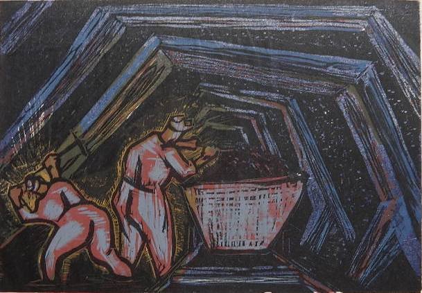 David Burke woodcut in colors: David Burke (American 20th c.)- ''Coal Mining''- woodcut in colors, ca. 1936-42, signed and titled in pencil, edition of 25 done for the NYC WPA, good condition. 9 3/4 x 14''