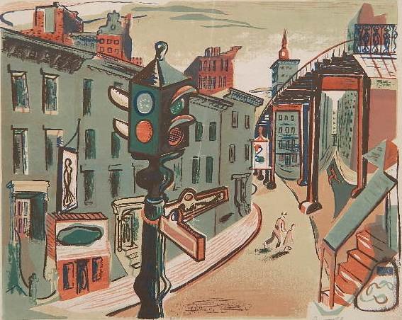 Ruth Chaney woodcut in colors: Ruth Chaney (American 20th c.)- ''Downtown''- woodcut in colors, signed and titled in pencil, stamped 'New York City WPA Art Project', good condition. 11 3/4 x 16''