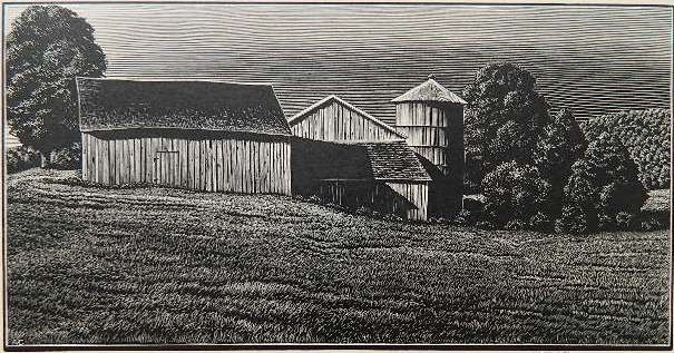 Asa Cheffetz wood engraving: Asa Cheffetz (American 1897-1965)- ''Farm Buildings'' (Springfield 76)- wood engraving, ca. 1945, signed in pencil, very good condition. 4 5/8 x 8 15/16''