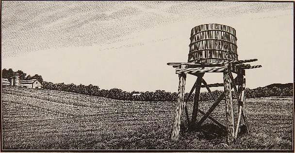 Asa Cheffetz wood engraving: Asa Cheffetz (American 1897-1965)- ''Water Tower'' (Springfield 87)- wood engraving, 1945, signed in pencil, good condition. 4 5/8 x 9''