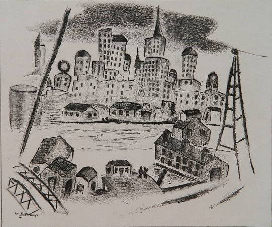 George Constant etching: George Constant (American 1892-1978)- ''34th ST. From New Jersey''- etching, signed and titled in pencil, stamped 'Federal Art Project/ NYC WPA', tears and stains in margins does not go into image. 10