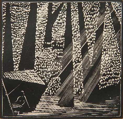 Wharton Esherick linocut: Wharton Esherick (American 1887-1970)- ''The Forest''- linocut, 1930, signed, titled and dated in pencil, from Tristan & Isolde- Act II Scene III, very good condition. 4 1/2 x 4 3/4''