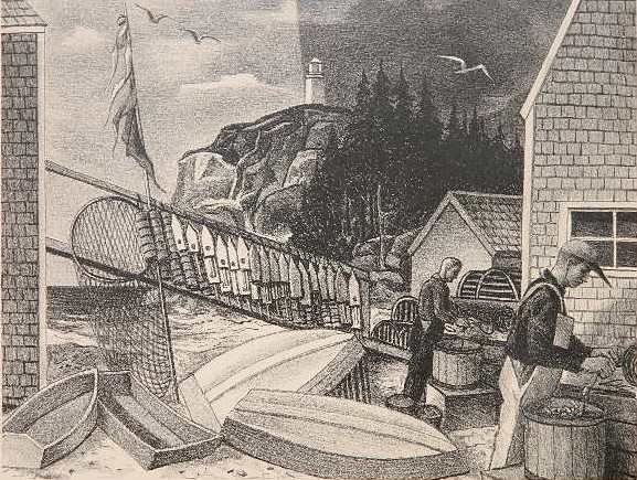 Ernest Fiene lithograph: Ernest Fiene (American 1894-1965)- ''Fisherman's Cove, Maine'' (AAA/Czestochowski 1953.008)- lithograph on wove paper, 1953, signed in pencil, edition of 250, very good condition. 9 13/16 x 12 15/16''