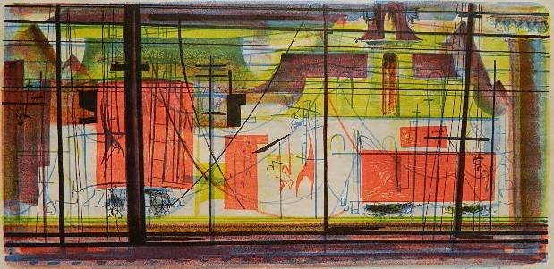 Edwin flukier lithograph in colors: Edwin Fulwider (American 1913-2003)- ''Along The Tracks'' (Mc Intyre & Kielsmeier 73)- lithograph in colors, 1953, signed in pencil, edition of 20, very good condition. 7 5/16 x 14 7/8''