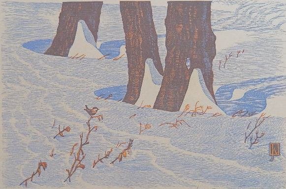 James D. Havens wood engraving: James D. Havens (American 1900-1960)- ''Winter Ripples''- wood engraving in colors, 1946, signed, titled and dated in pencil, good condition. 5 x 7 5/8''