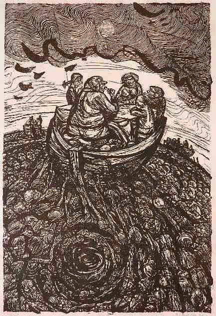 Robert O. Hodgell linocut: Robert Overton Hodgell (American 1922-2000)- ''Life Boat''- linocut, estate signed in pencil, edition of 75, upper left corner missing and some staining in margins otherwise good condition. 23 1/2 x 1